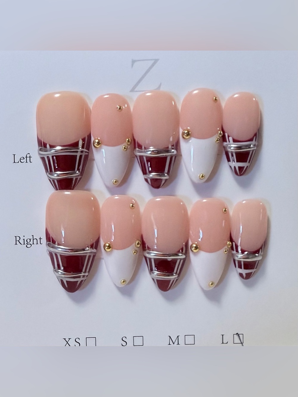 Nude Pink & Burgundy Nail Set with Gold Accents - Women Makeup